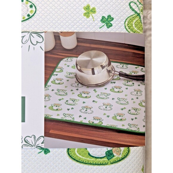 St Patrick's Day Dish Drying Mats Teacups Lucky Green Clover 2-Pc Holiday Gift - Picture 2 of 4